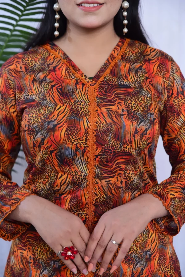 Girl in beautiful printed lawn dress in Orange
