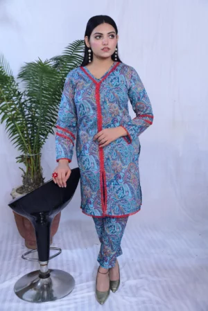 A women wearing printed two pieces stitched lawn in blue
