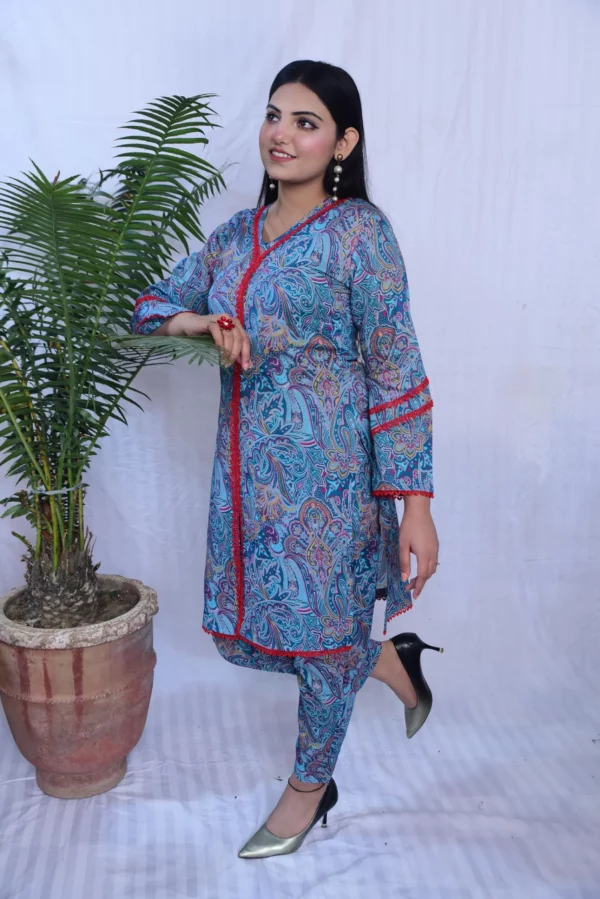 Printed to piece stitched lawn in blue