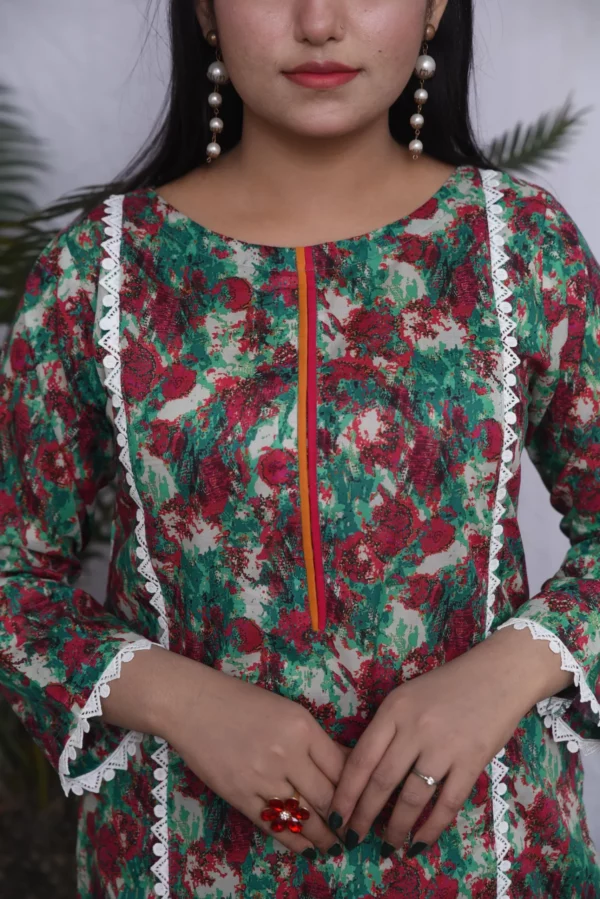 A women in printed orange floral design dress